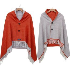 Lambswool Poncho Womens Small Orange Gray 100% Wool Reversible Two Button Knit